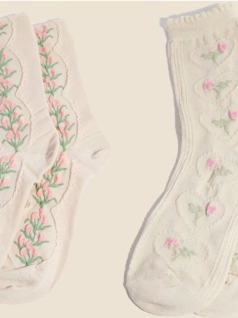 Heart Halo Flower & Floral Tu;ip Embroidered Socks - 2 Pair - Beige